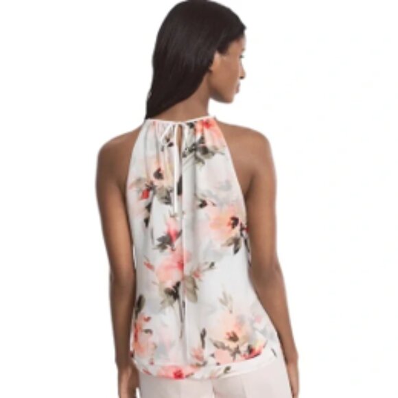 White House Black Market WHBM Floral Crew Neck Tie Back Flowy Blouse Size XS EUC - Picture 9 of 9